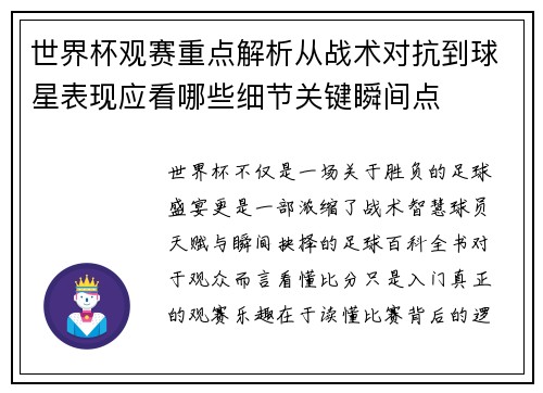 世界杯观赛重点解析从战术对抗到球星表现应看哪些细节关键瞬间点