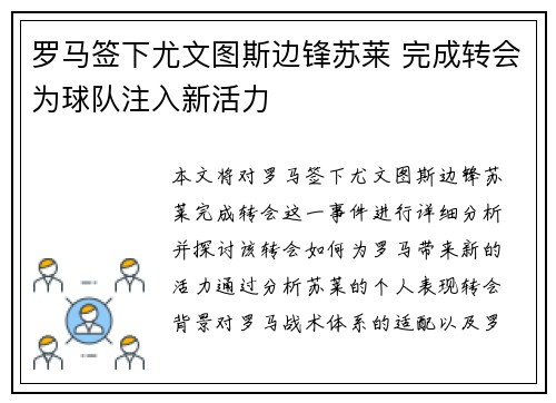 罗马签下尤文图斯边锋苏莱 完成转会为球队注入新活力