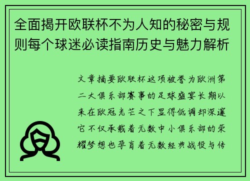 全面揭开欧联杯不为人知的秘密与规则每个球迷必读指南历史与魅力解析
